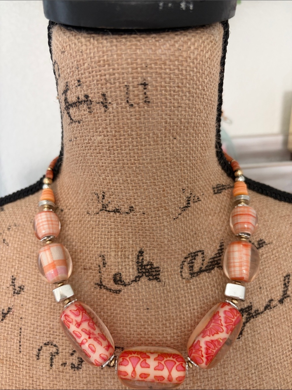 Chico's Orange and Gold Patterned Bead Necklace